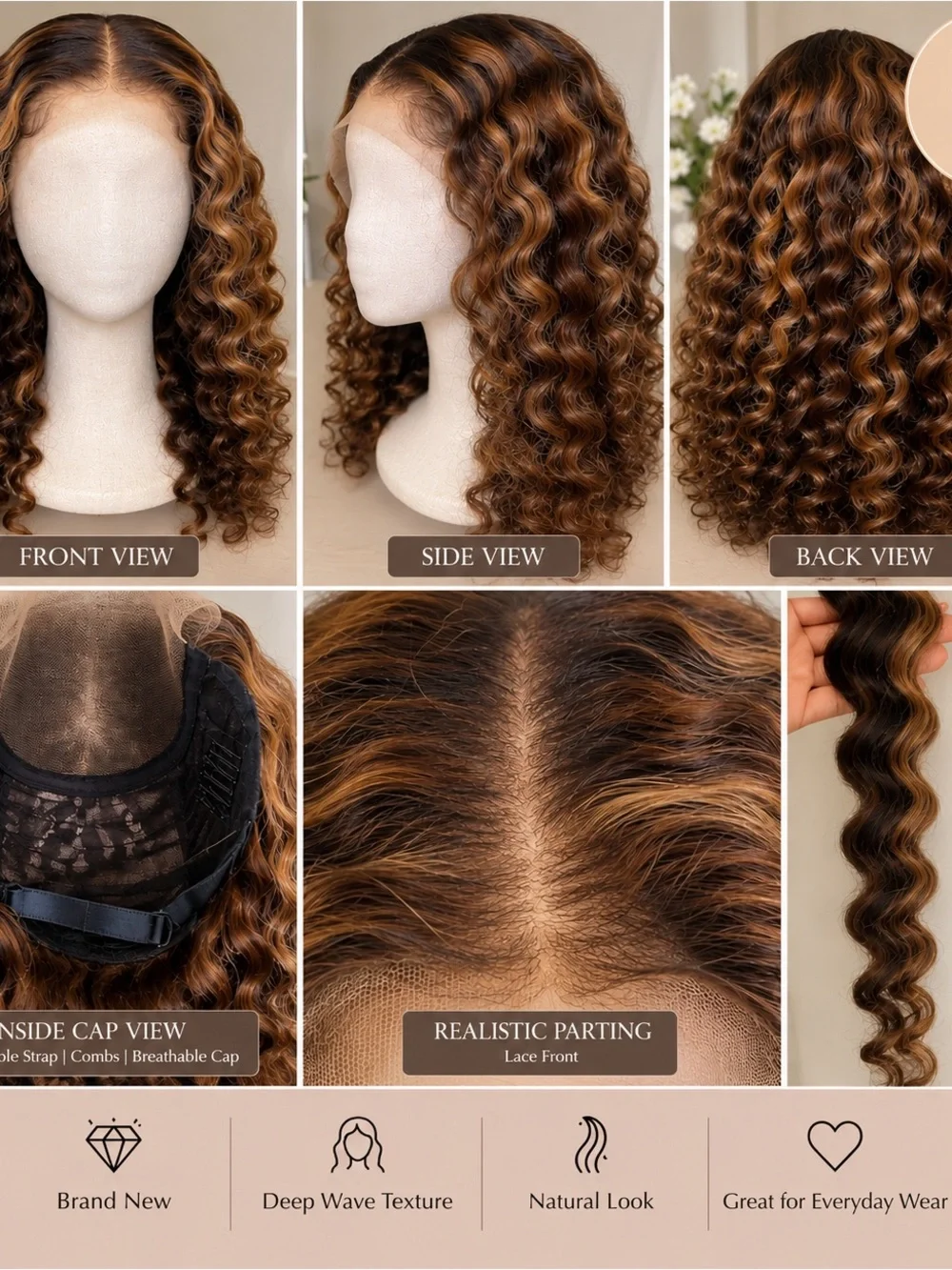 Honey Brown Deep Wave Lace Front Wig - Natural Look